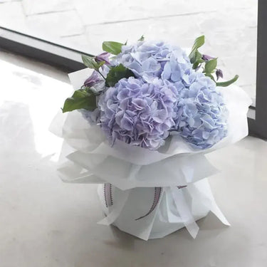 Love in the Sky Bouquet, Blue Hydrangeas, Purple Spray Roses, White Wrap